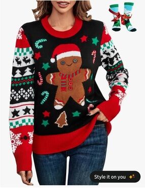 NWT XL Set Holiday Gingerbread Knit Sweater & Socks- Black/Red